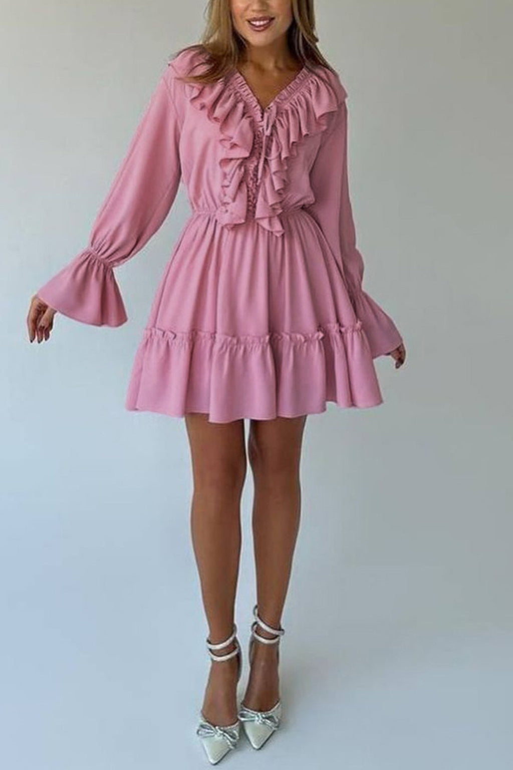 Deep V-Neck Ruffle Trim Trumpet Sleeve Tiered Ruffle Hem Mini Dress
