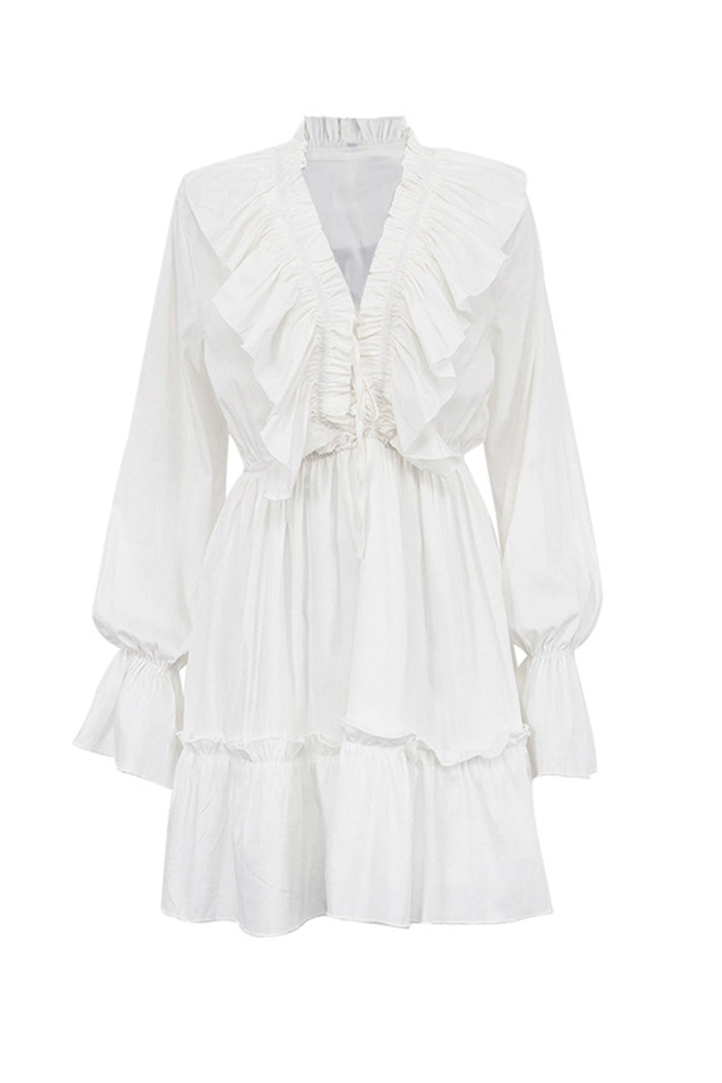 Deep V-Neck Ruffle Trim Trumpet Sleeve Tiered Ruffle Hem Mini Dress
