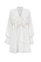 Deep V-Neck Ruffle Trim Trumpet Sleeve Tiered Ruffle Hem Mini Dress