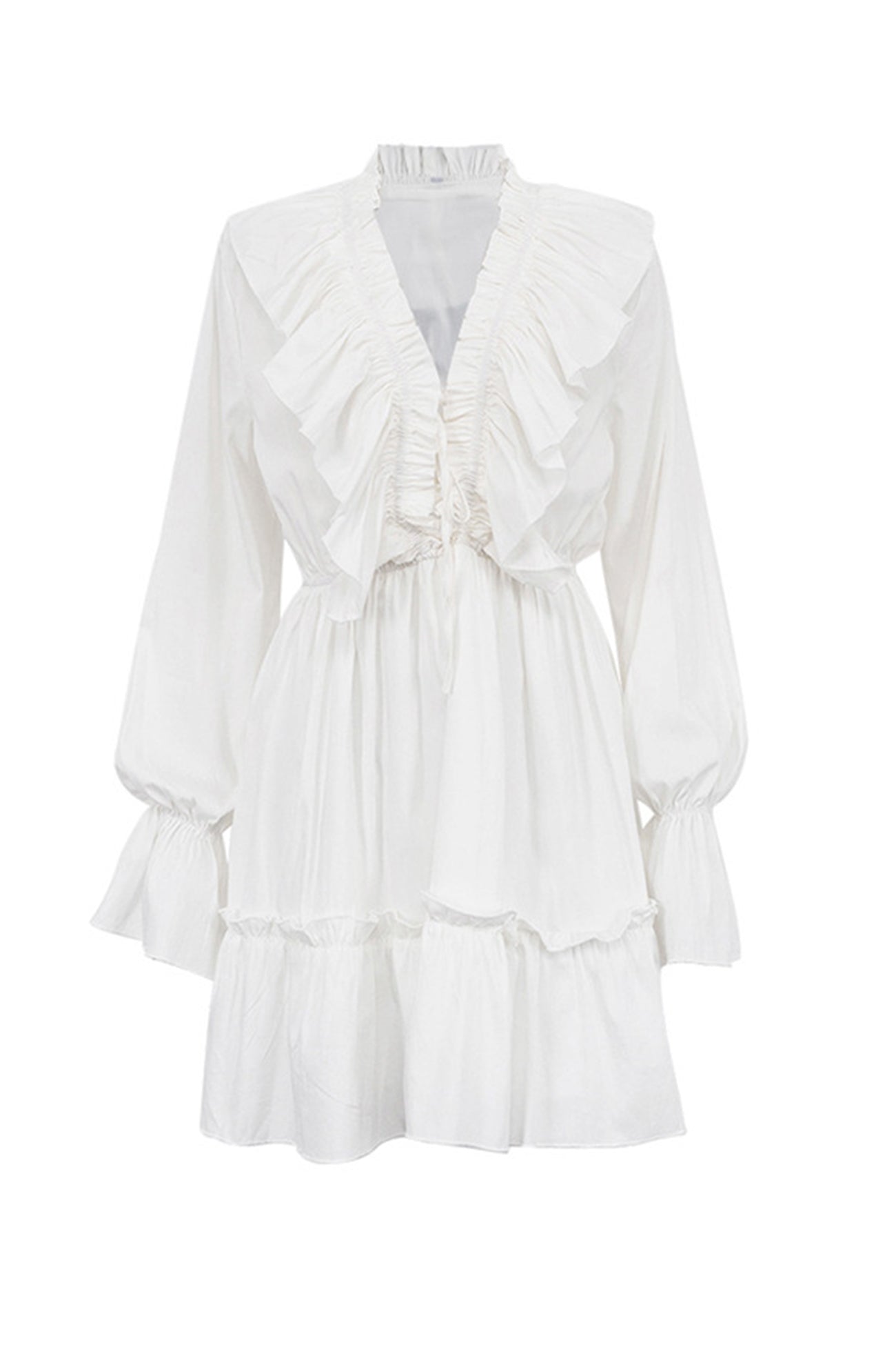 Deep V-Neck Ruffle Trim Trumpet Sleeve Tiered Ruffle Hem Mini Dress