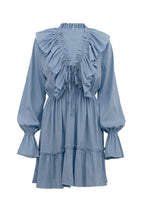 Deep V-Neck Ruffle Trim Trumpet Sleeve Tiered Ruffle Hem Mini Dress