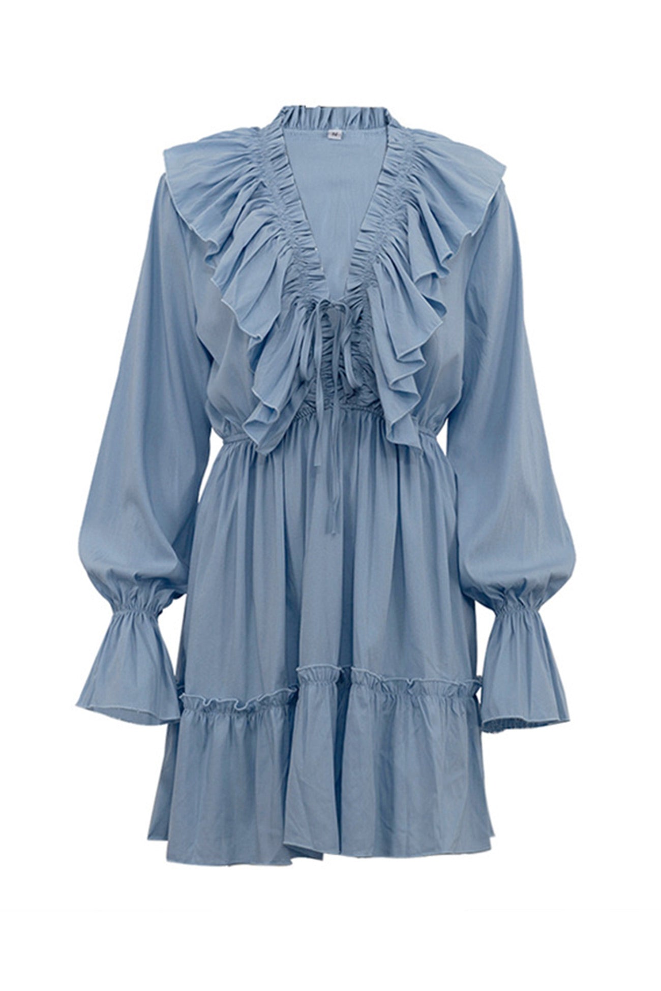 Deep V-Neck Ruffle Trim Trumpet Sleeve Tiered Ruffle Hem Mini Dress