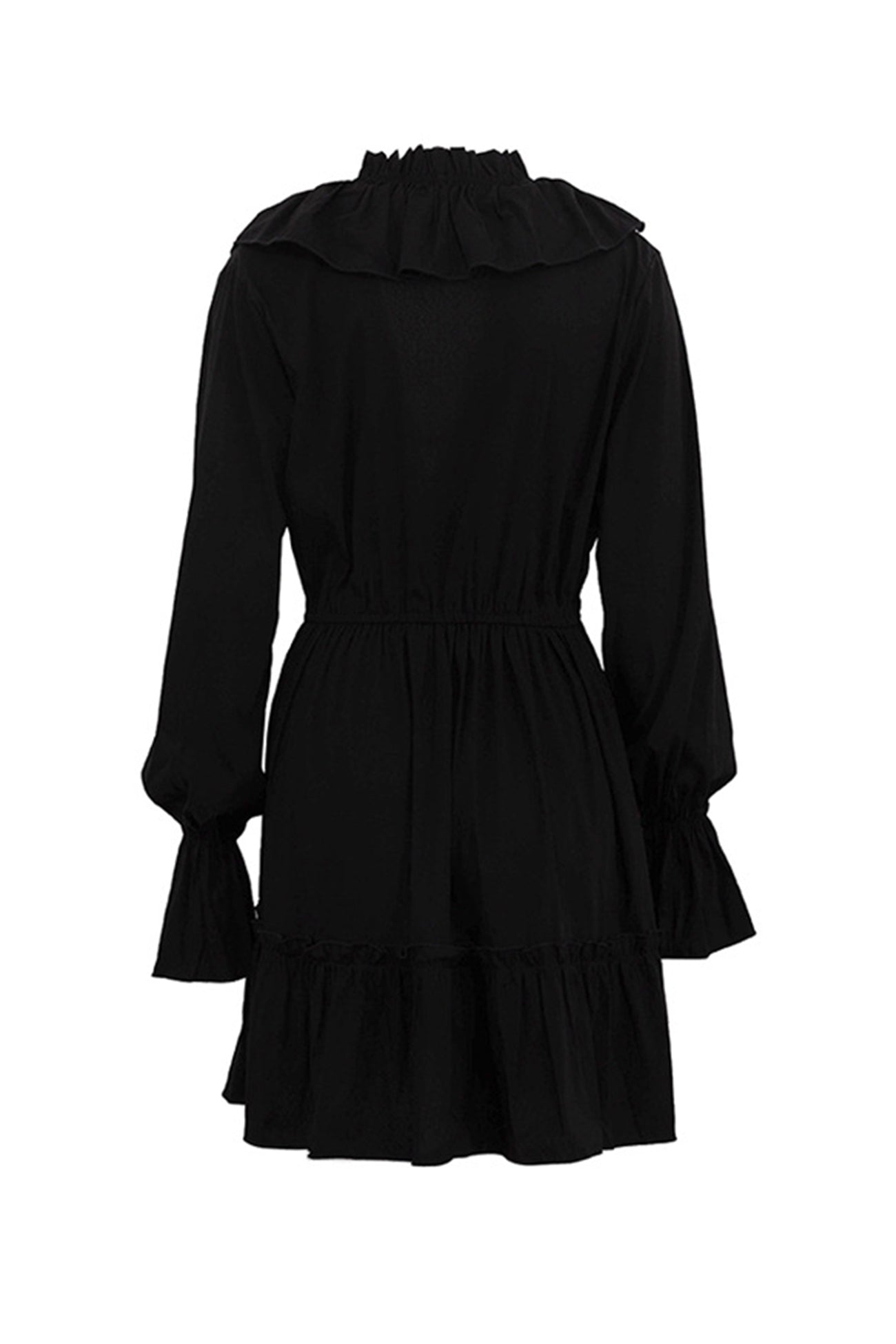 Deep V-Neck Ruffle Trim Trumpet Sleeve Tiered Ruffle Hem Mini Dress