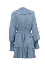 Deep V-Neck Ruffle Trim Trumpet Sleeve Tiered Ruffle Hem Mini Dress