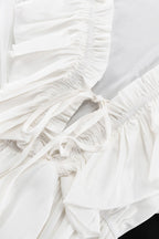 Deep V-Neck Ruffle Trim Trumpet Sleeve Tiered Ruffle Hem Mini Dress