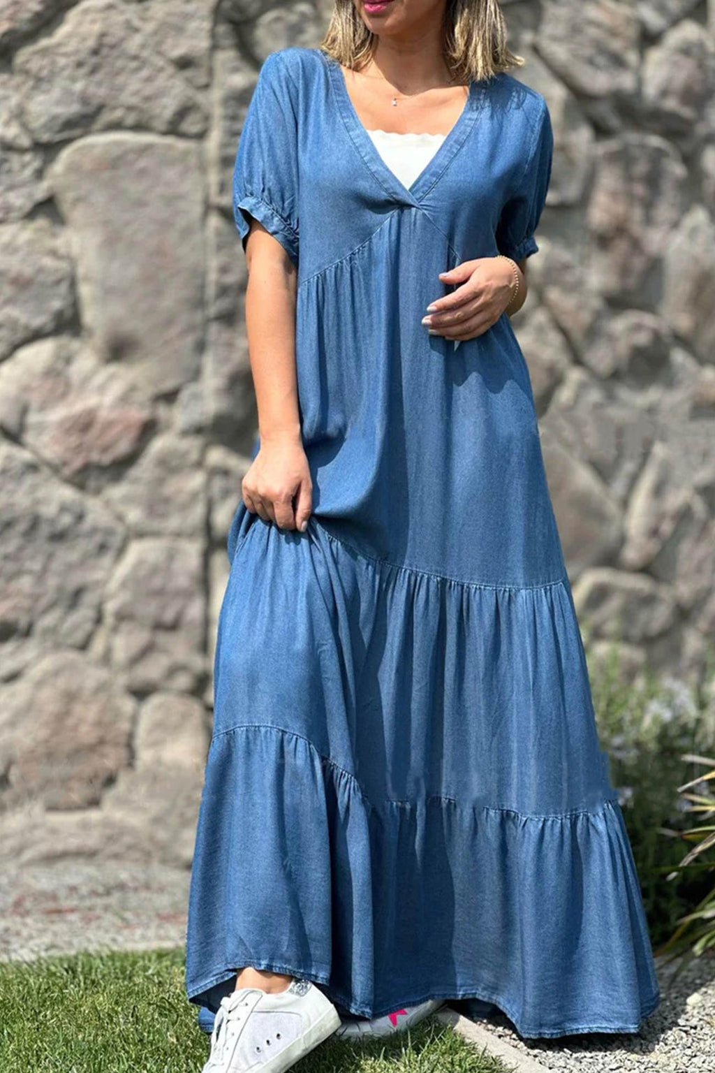 Surplice V-Neck Puff Sleeve Tiered Pocket Maxi Dress