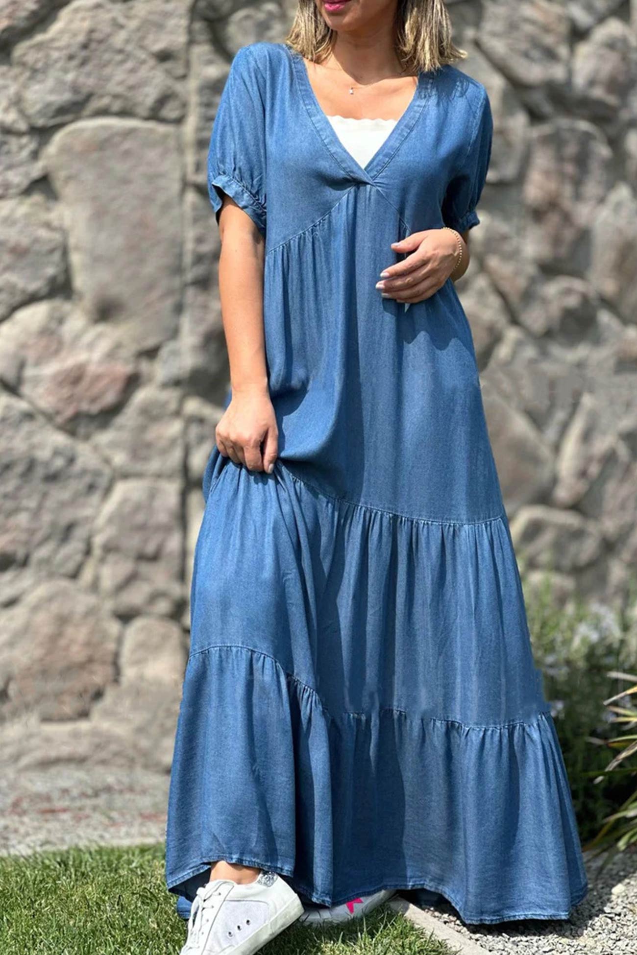 Surplice V-Neck Puff Sleeve Tiered Pocket Maxi Dress
