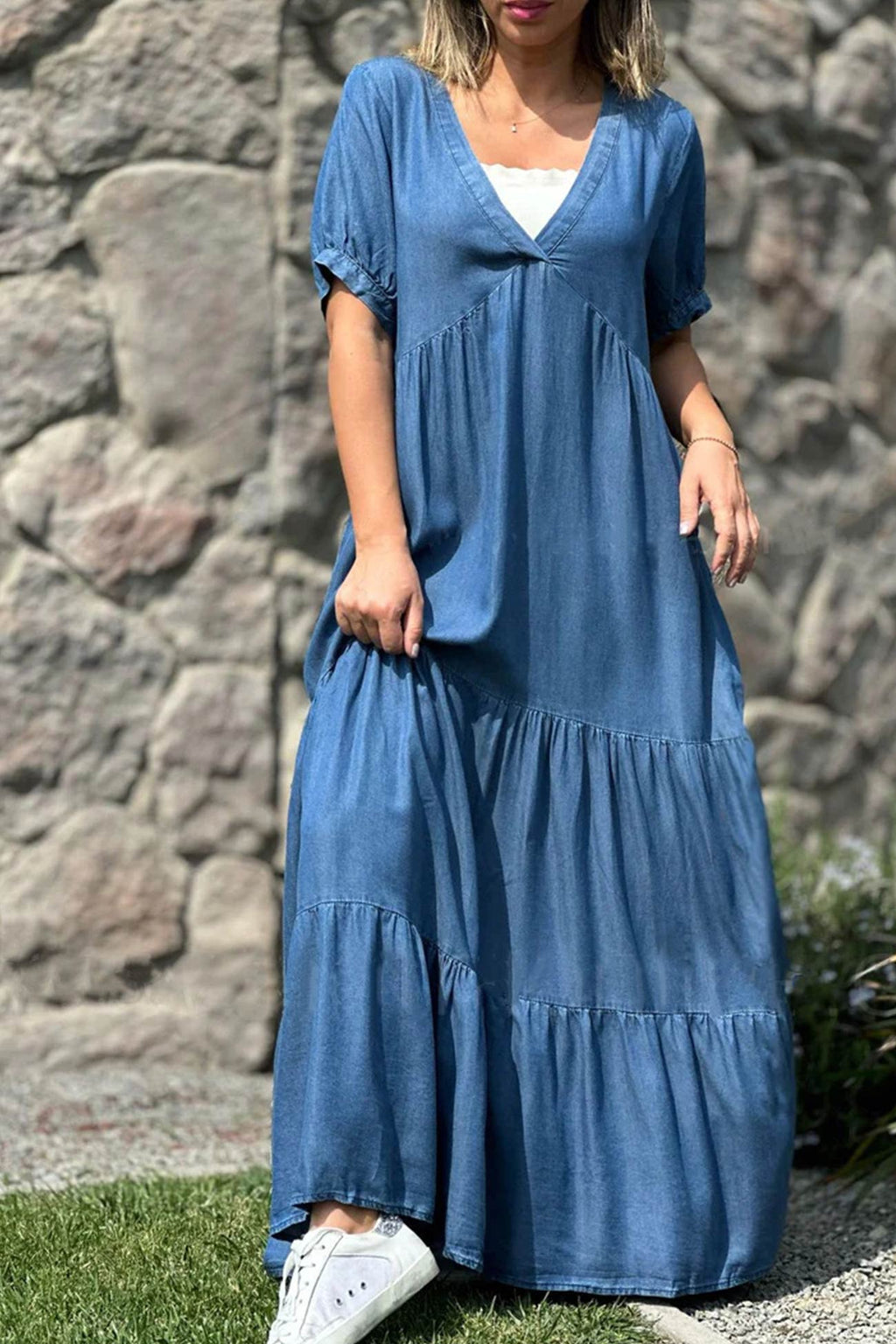 Surplice V-Neck Puff Sleeve Tiered Pocket Maxi Dress