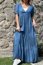 Surplice V-Neck Puff Sleeve Tiered Pocket Maxi Dress