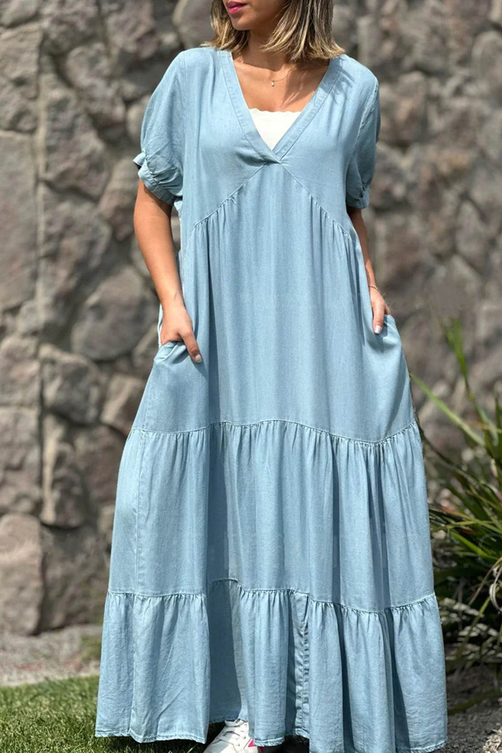 Surplice V-Neck Puff Sleeve Tiered Pocket Maxi Dress