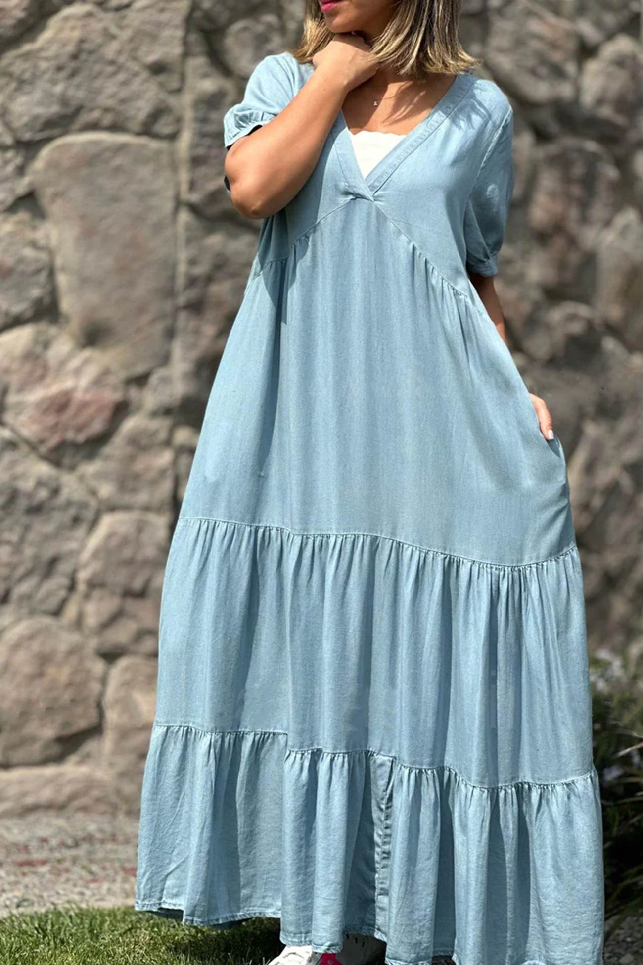 Surplice V-Neck Puff Sleeve Tiered Pocket Maxi Dress