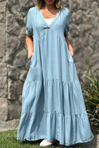 Surplice V-Neck Puff Sleeve Tiered Pocket Maxi Dress