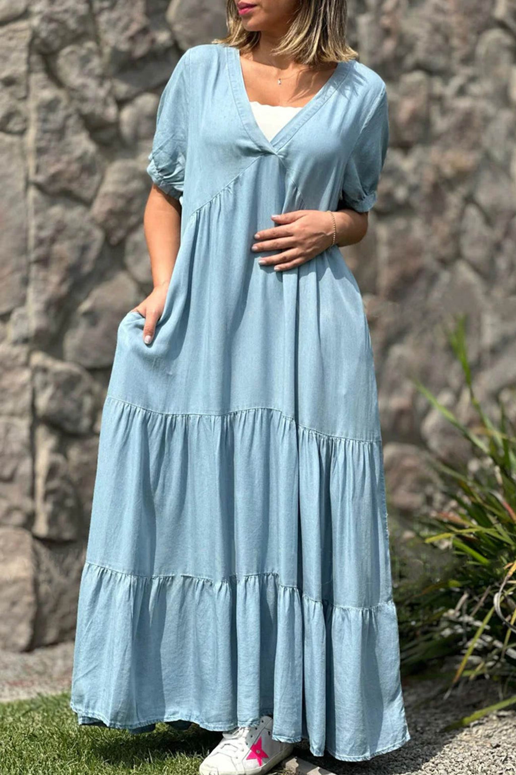 Surplice V-Neck Puff Sleeve Tiered Pocket Maxi Dress