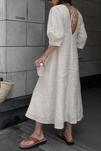 Plunging V-Neck Button Front Puff Sleeve Linen Midi Dress