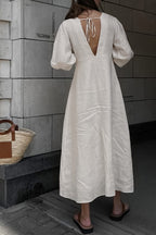 Plunging V-Neck Button Front Puff Sleeve Linen Midi Dress