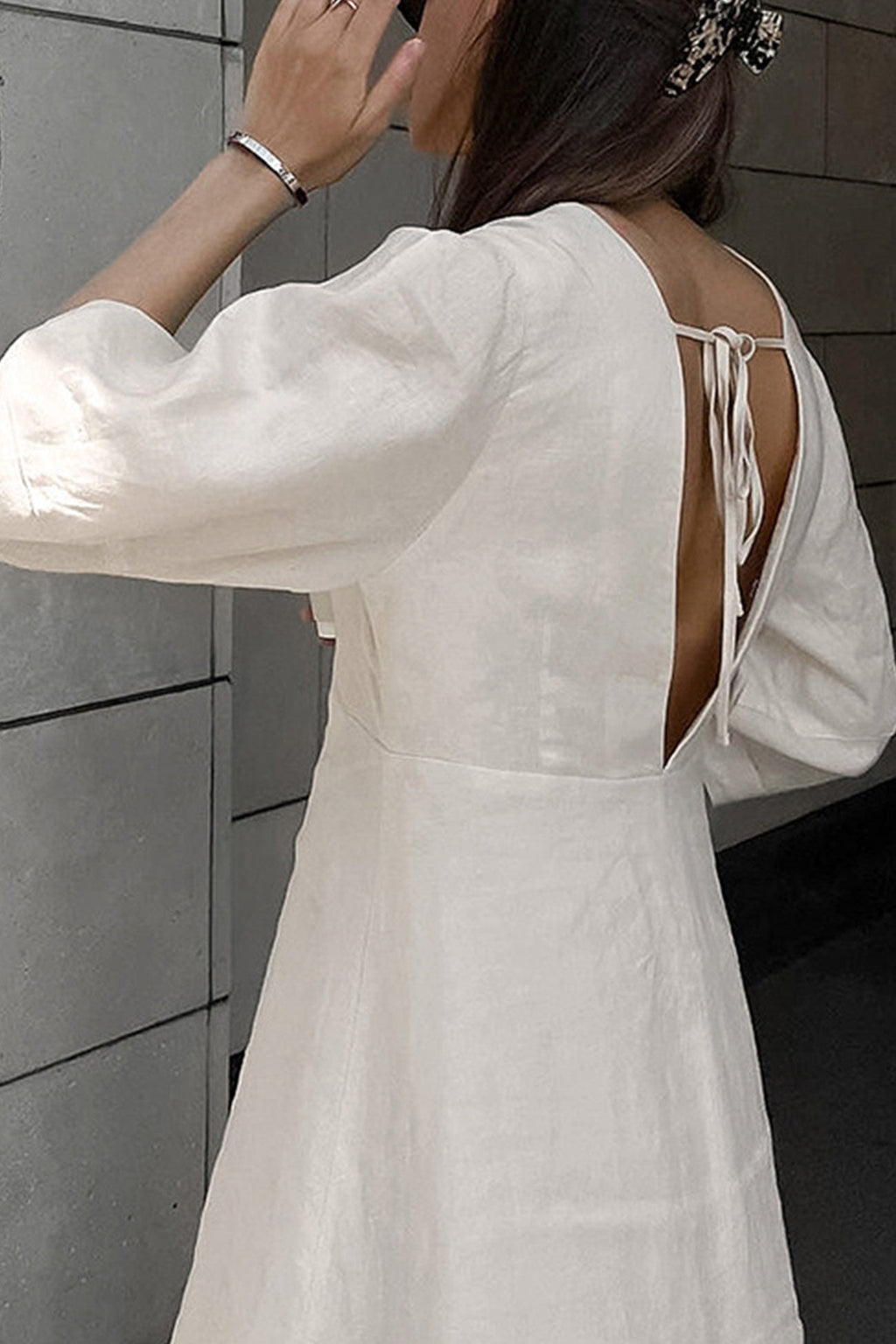 Plunging V-Neck Button Front Puff Sleeve Linen Midi Dress