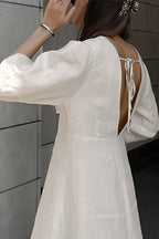 Plunging V-Neck Button Front Puff Sleeve Linen Midi Dress