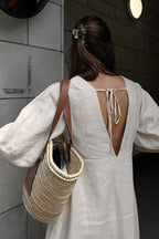 Plunging V-Neck Button Front Puff Sleeve Linen Midi Dress