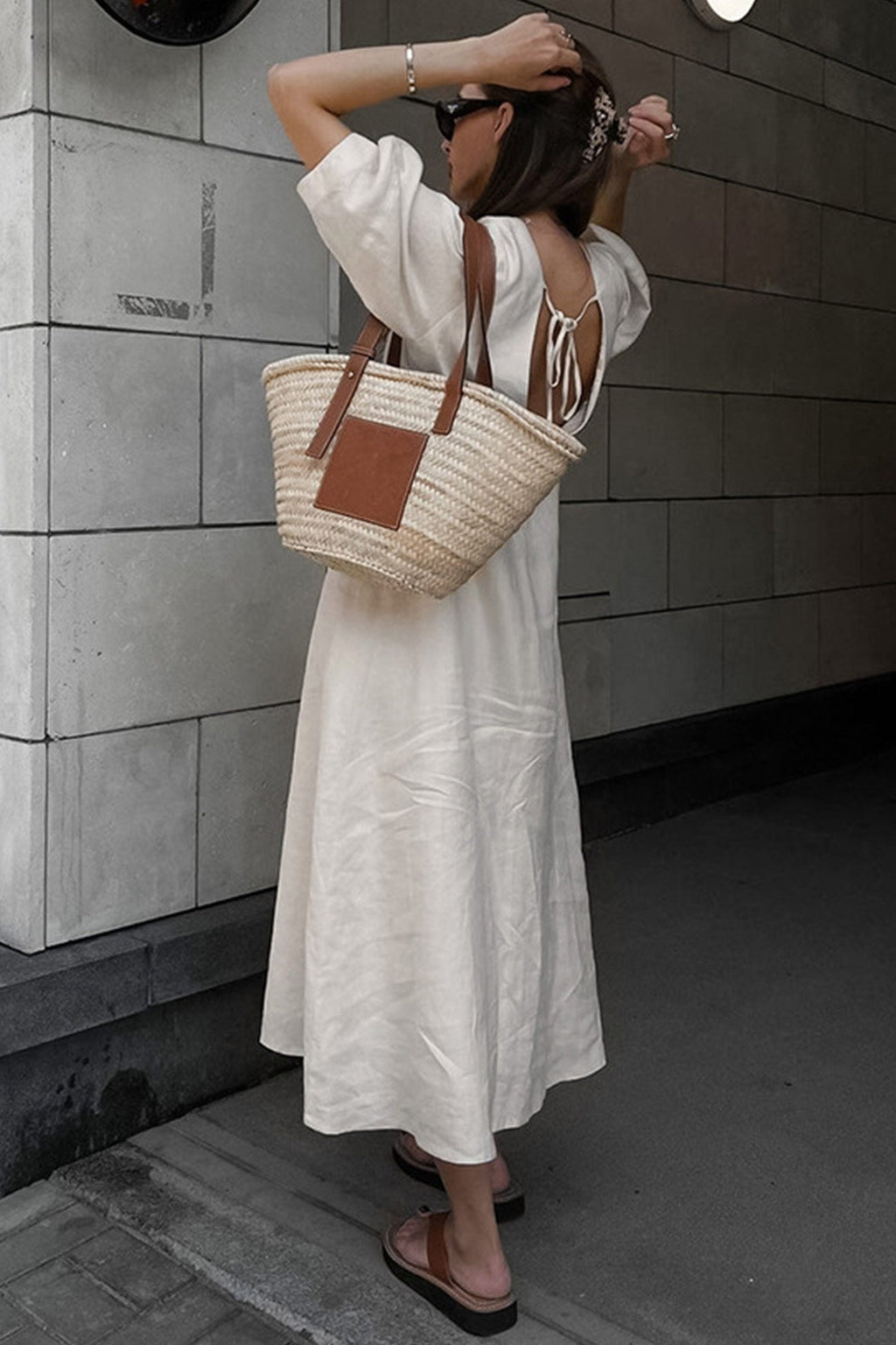 Plunging V-Neck Button Front Puff Sleeve Linen Midi Dress