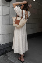 Plunging V-Neck Button Front Puff Sleeve Linen Midi Dress