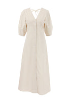 Plunging V-Neck Button Front Puff Sleeve Linen Midi Dress