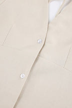 Plunging V-Neck Button Front Puff Sleeve Linen Midi Dress
