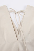Plunging V-Neck Button Front Puff Sleeve Linen Midi Dress