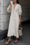 Plunging V-Neck Button Front Puff Sleeve Linen Midi Dress