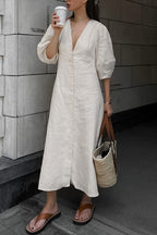 Plunging V-Neck Button Front Puff Sleeve Linen Midi Dress