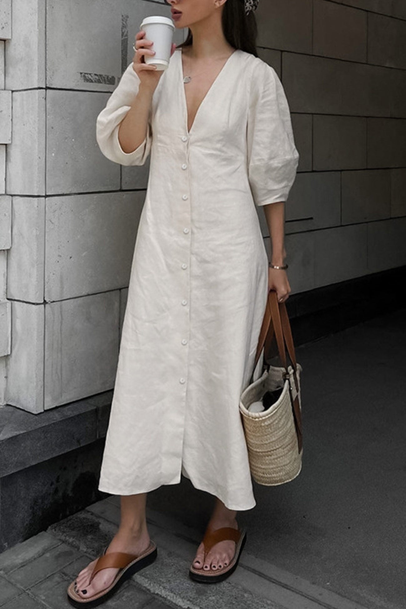 Plunging V-Neck Button Front Puff Sleeve Linen Midi Dress