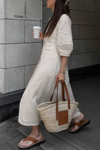 Plunging V-Neck Button Front Puff Sleeve Linen Midi Dress