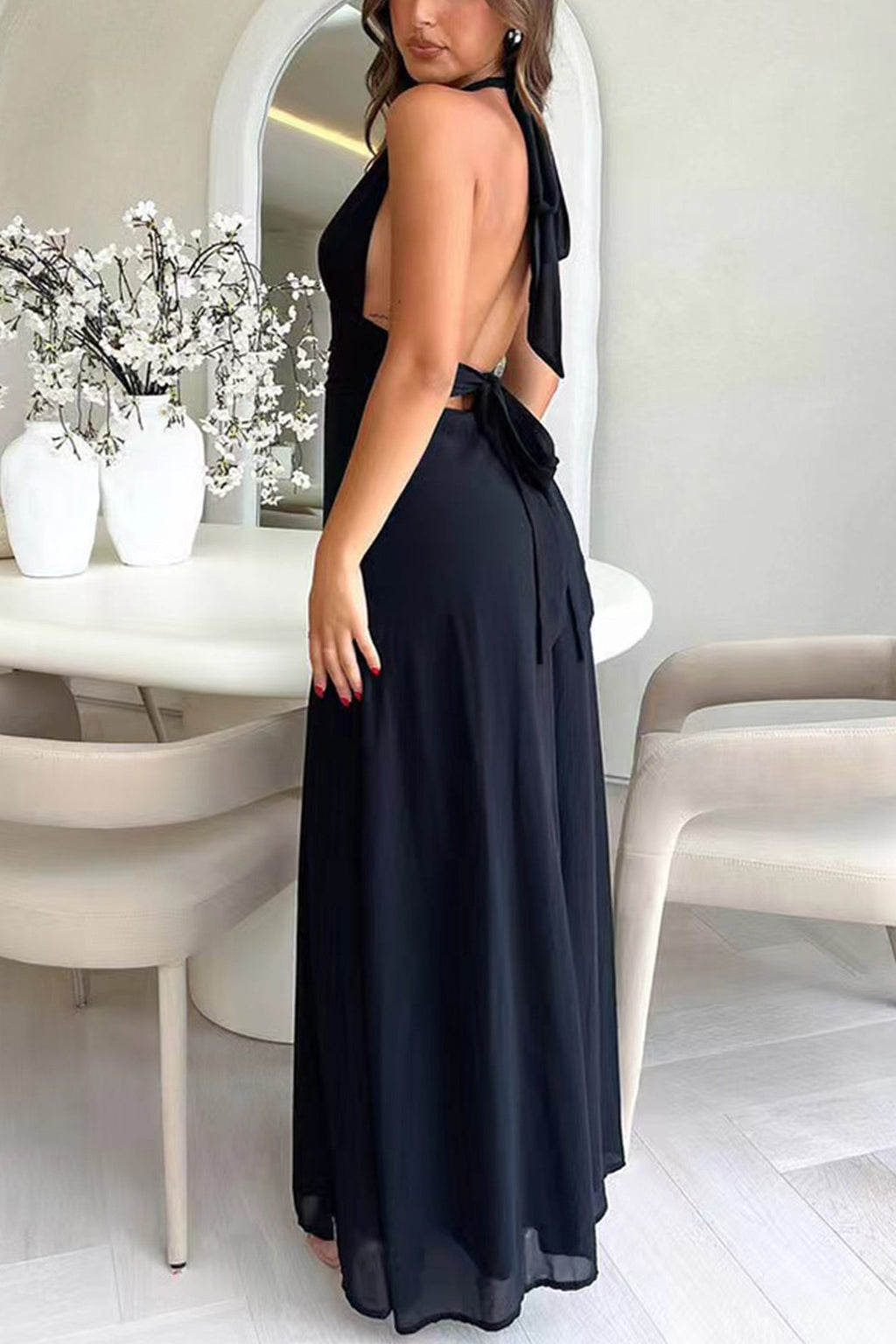 Halter Plunging V-Neck Ruched Waist Thigh Slit Maxi Dress