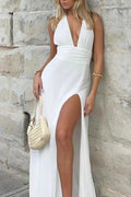 Halter Plunging V-Neck Ruched Waist Thigh Slit Maxi Dress