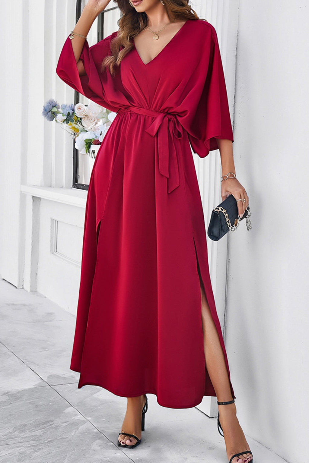 V Neck Tie-waist Slit Dress