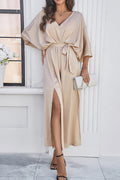 V Neck Tie-waist Slit Dress