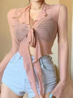 Lace Up Sheer Mesh Cropped Long Sleeve Blouse