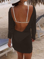 Solid Color French Backless Long Sleeve Cover Up Dress
