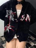 Spider Web Print Fuzzy Loose Cardigan