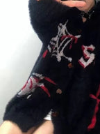 Spider Web Print Fuzzy Loose Cardigan