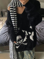Skull Print V Neck Loose Sweater