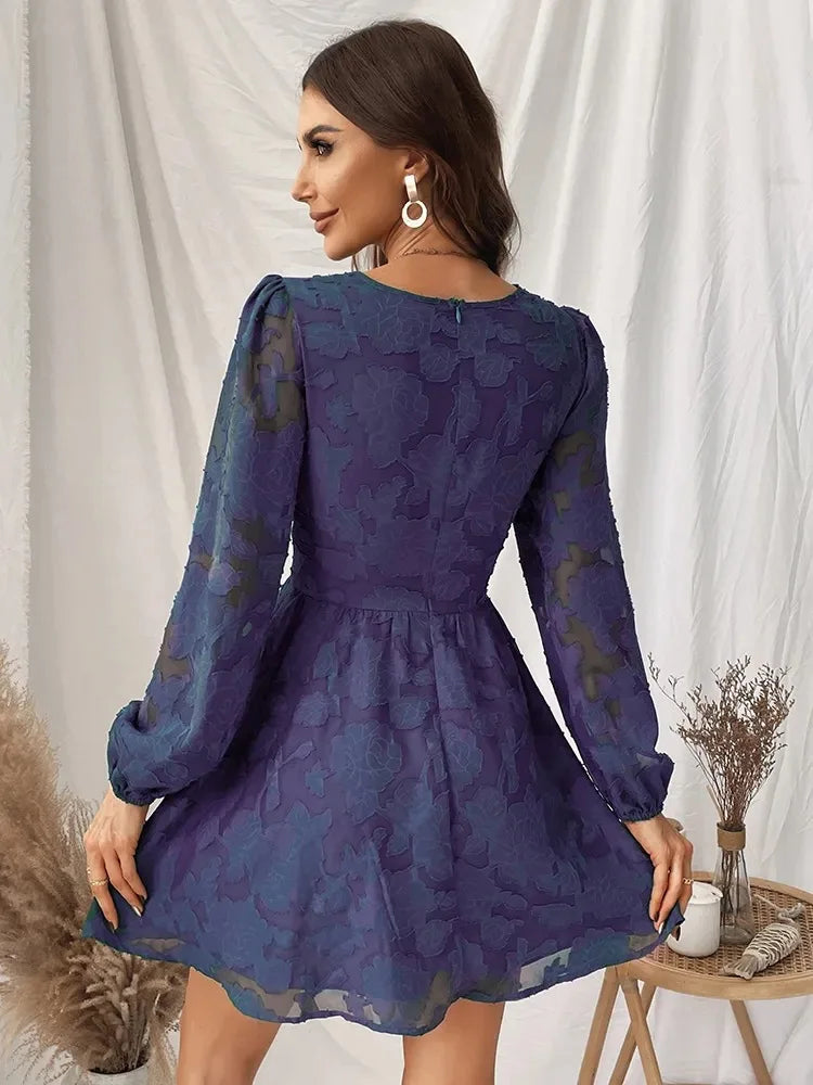 Floral Burnout Jacquard Deep V-Neck Bishop Sleeve Button Detail Mini Dress