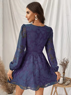 Floral Burnout Jacquard Deep V-Neck Bishop Sleeve Button Detail Mini Dress