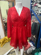 Floral Burnout Jacquard Deep V-Neck Bishop Sleeve Button Detail Mini Dress
