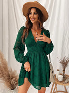 Floral Burnout Jacquard Deep V-Neck Bishop Sleeve Button Detail Mini Dress