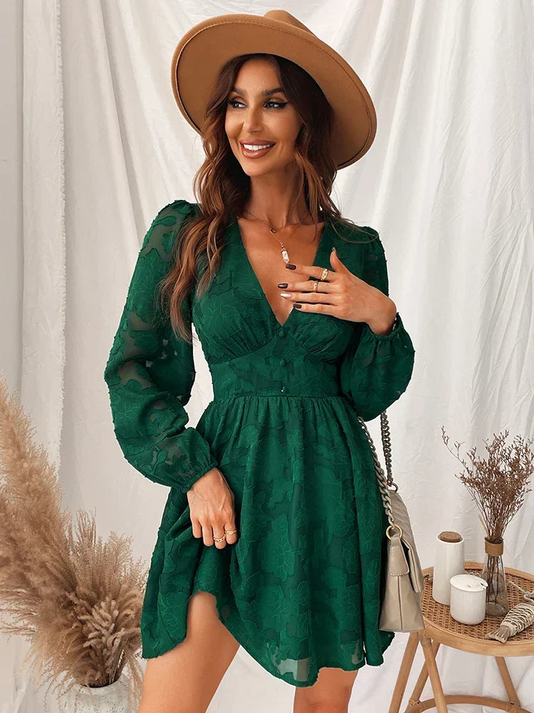 Floral Burnout Jacquard Deep V-Neck Bishop Sleeve Button Detail Mini Dress