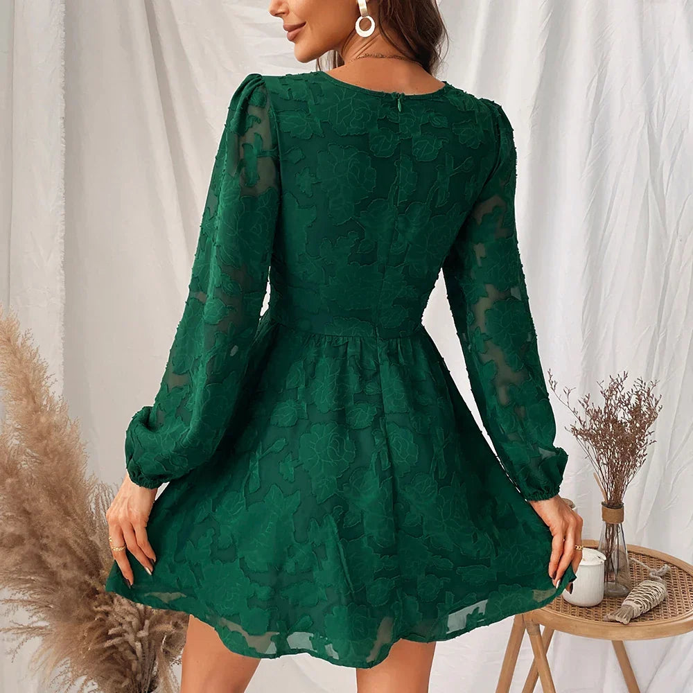 Floral Burnout Jacquard Deep V-Neck Bishop Sleeve Button Detail Mini Dress