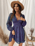 Floral Burnout Jacquard Deep V-Neck Bishop Sleeve Button Detail Mini Dress
