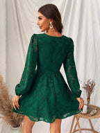 Floral Burnout Jacquard Deep V-Neck Bishop Sleeve Button Detail Mini Dress