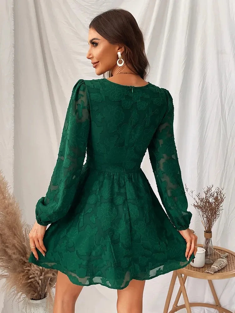 Floral Burnout Jacquard Deep V-Neck Bishop Sleeve Button Detail Mini Dress