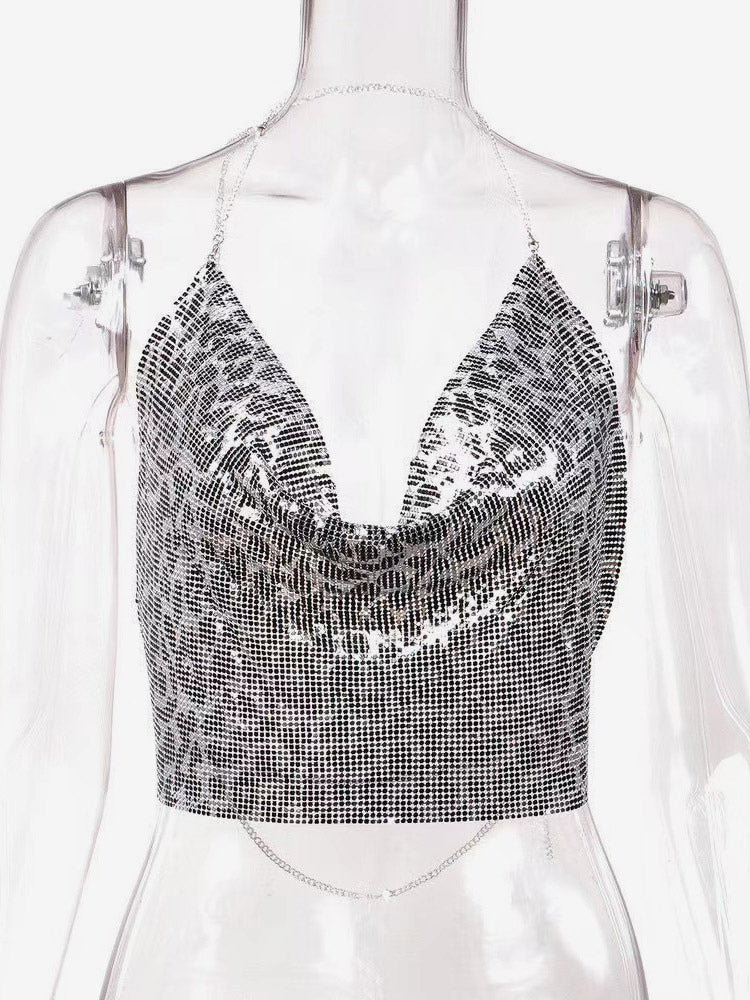 Sexy Straps Halter Metal Tops Sequin Clubwear Tops Sliver Sleeveless Spaghetti Straps Cami Draped Crop For Women
